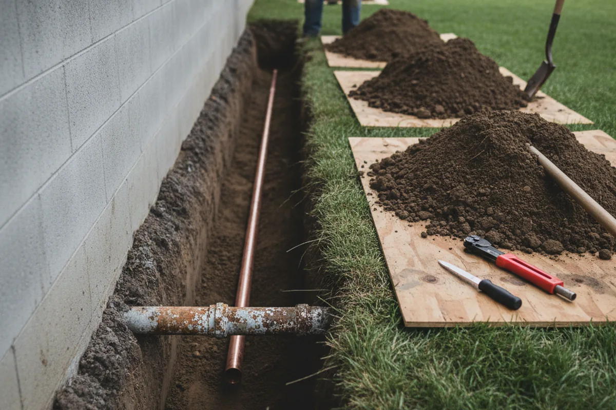Excavated water line trench during Water Softener Installation in Crocheron